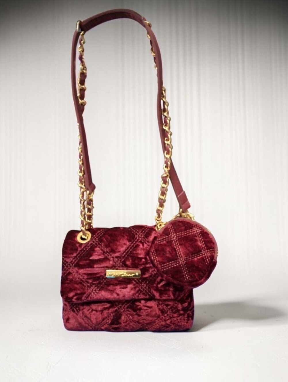 Betsey Johnson 2pc Burgundy quilted velvet crossbody with pouch nwot